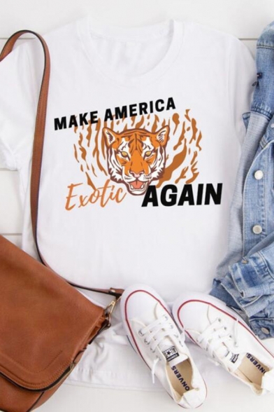 Letter Exotic Again Tiger Graphic Short Sleeve Round Neck Loose Fit Leisure T Shirt