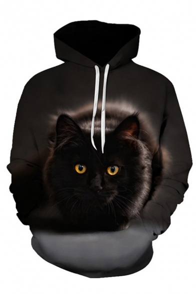Lovely Men's Cat 3D Printed Drawstring Full Sleeve Relaxed Fit Hooded Sweatshirt with Pocket