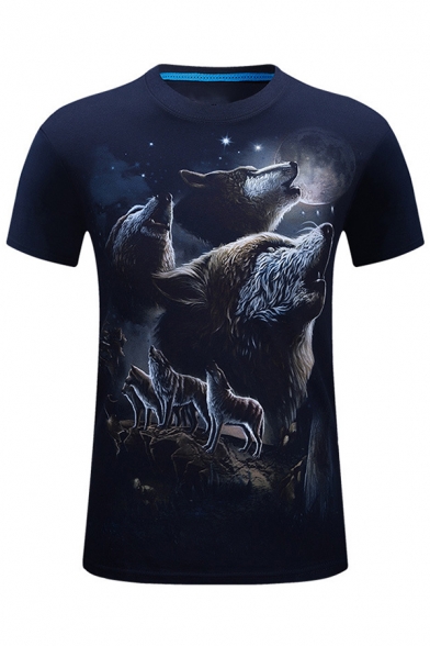 Mens Creative 3D Wolf Galaxy Pattern Short Sleeve Round Neck Slim Fitted Tee Top