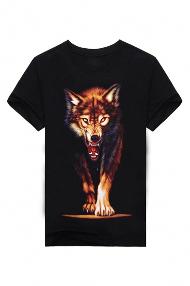 Mens Creative Tee Top Wolf Print Short Sleeve Fitted Crew Neck Tee Top
