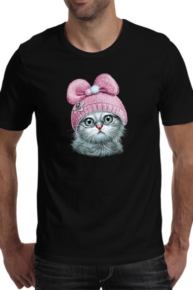 Mens Cute Tee Top Hat Cat Pattern Short Sleeve Fitted Crew Neck Tee Top
