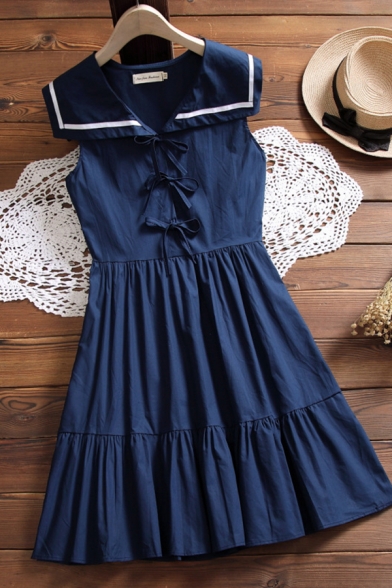 New Stylish Girls Bow Pleated Tiered Contrast Stitching Sailor Collar Sleeveless Short Flowy Dress