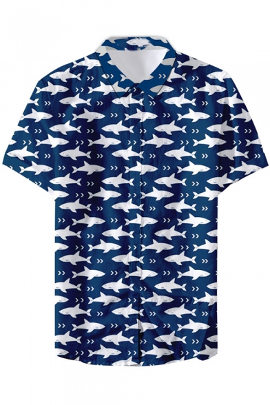 New Trendy Cool Shark Pattern Mens Basic Short Sleeve Button Up Beach Shirt