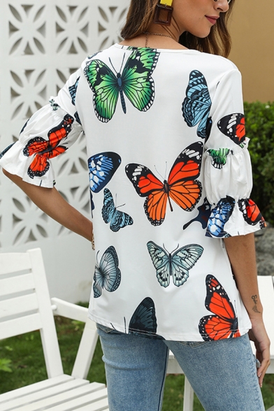 Popular Ladies Allover Butterfly Print Bell Sleeve V-neck Relaxed T-shirt in White
