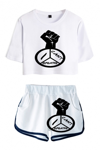 Popular Letter Cartoon Fish Graphic Short Sleeve Round Neck Loose Crop Tee & Contrasted Relaxed Shorts Set in White