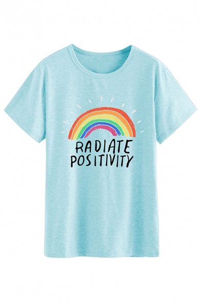 Popular Letter Radiate Positivity Rainbow Graphic Short Sleeve Round Neck Loose Fit T Shirt for Women