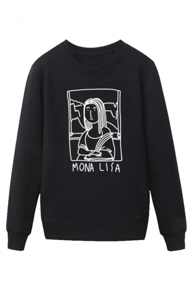 Popular Mens Character Painting Letter Mona Lisa Printed Pullover Long Sleeve Round Neck Regular Fitted Graphic Sweatshirt