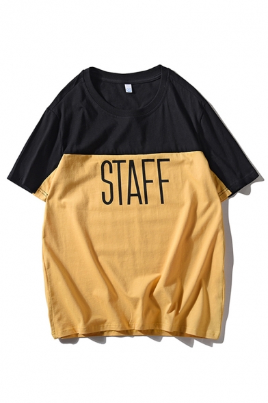 Popular Mens Letter Staff Printed Colorblock Short Sleeve Crew Neck Oversize Tee Top