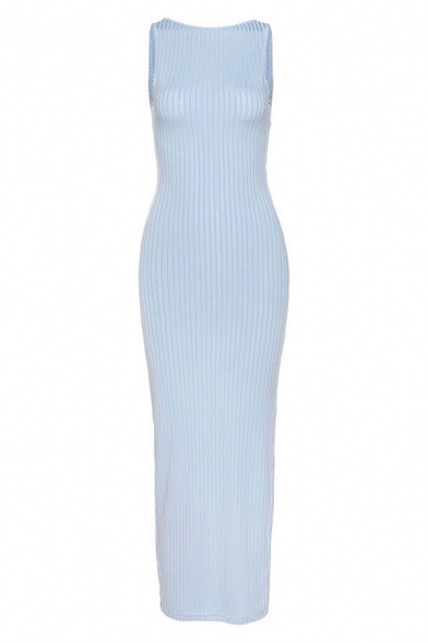 Popular Solid Color Twist Front Cut-out Slit Side Knit Fashion Maxi Sheath Tank Dress for Ladies