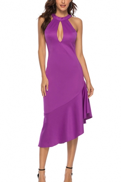 Popular Womens Purple Sleeveless Cut-out Ruffled Irregular Hem Mid Sheath Dress
