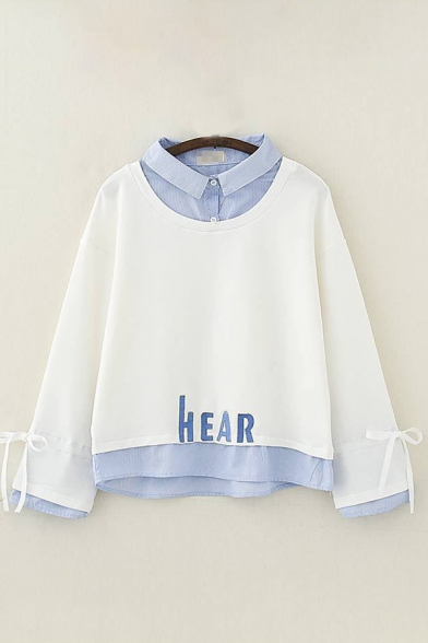 Girls Fake Two Piece Embroidery Long Sleeve Turn down Collar Loose Pullover Sweatshirt