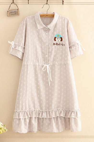 Girls  Leaf Embroidered Stringy Bow Tie Short Sleeve Drawstring Waist Shirt