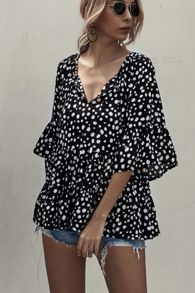 Pretty Womens Dalmatian Printed Bell 3/4 Sleeve V-neck Ruffled Trimmed Loose T Shirt