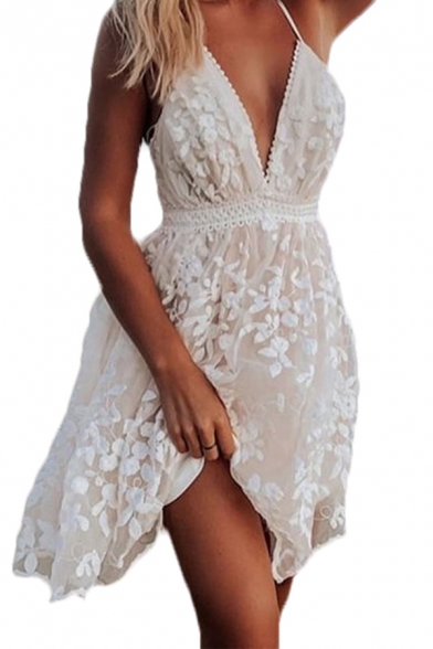 Pretty Womens Lace Halter Hollow out Back Short A-line Cami Dress in White