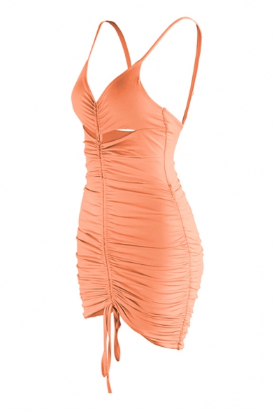 Sexy Womens Solid Color Drawstring Cut out Short Tight Cami Dress