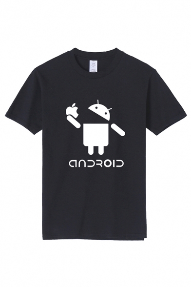 Simple Mens Robot Apple Pattern Letter Android Short Sleeve Round Neck Regular Fit T-Shirt