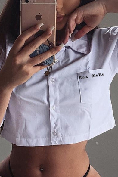 Simple White Letter Embroidered Chest Pocket Rolled Short Sleeve Spread Collar Button up Fit Cropped Shirt