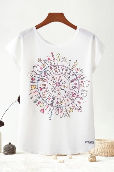 Simple Womens Patterned Short Sleeve Round Neck Relaxed T Shirt in White