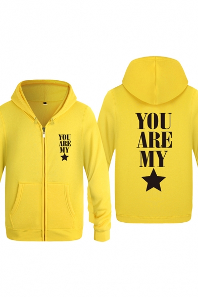 Sportive Mens Star Letter You Are My Printed Zipper Pocket Drawstring Long Sleeve Regular Fit Graphic Hoodie