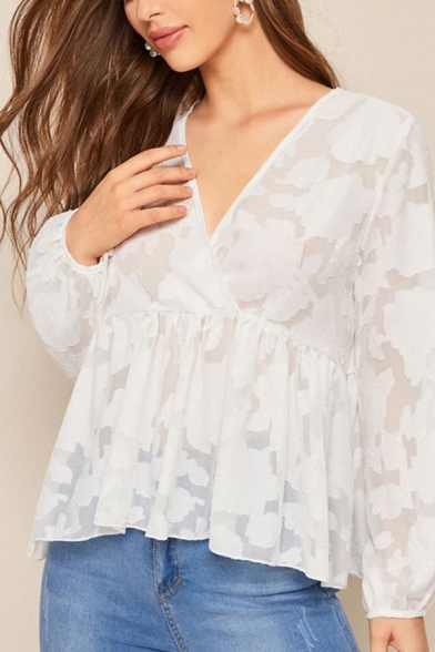 Stylish Chiffon Semi-sheer Allover Flower Embroidery Long Sleeve Surplice Neck Ruffled Relaxed Fit Blouse Top in White