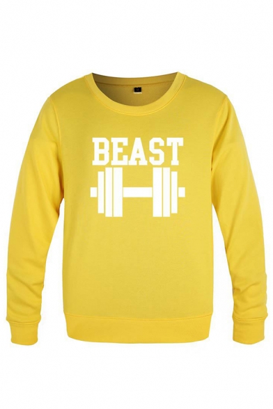 Stylish Mens Dumbbell Pattern Letter Beast Long Sleeve Round Neck Pullover Regular Fitted Graphic Pullover Sweatshirt