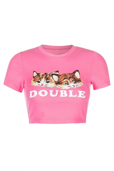 Stylish Womens Letter Double Cartoon Cat Graphic Short Sleeve Crew Neck Slim Fit Cropped T Shirt in Pink