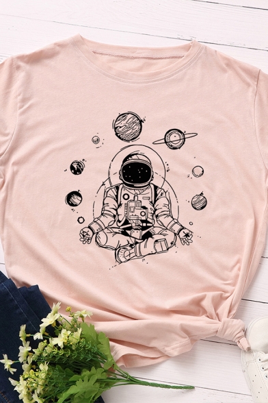 Summer Astronaut Planet Printed Rolled Short Sleeve Crew Neck Slim Fit Tee Top for Girls