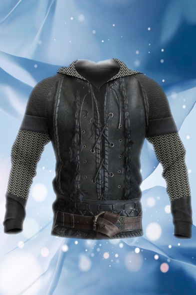 Trendy Mens Armor 3D Pattern Drawstring Button Belt Long Sleeve Regular Fit Hooded Sweatshirt