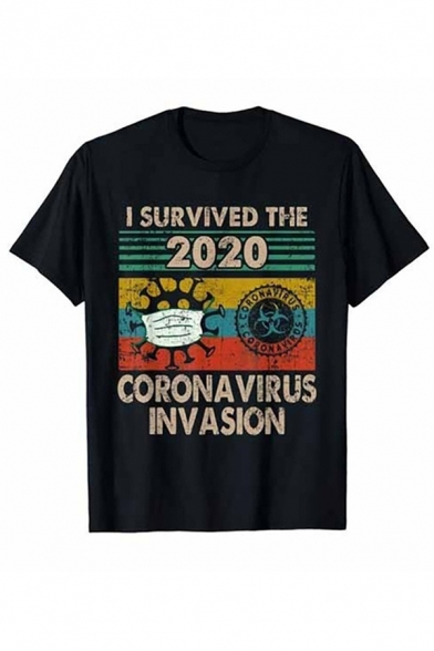 Trendy Mens Letter I Survived The 2020 Cartoon Graphic Short Sleeve Crew Neck Relaxed T Shirt