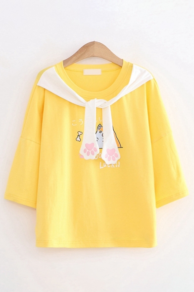 Trendy Womens Cartoon Dog Graphic 3/4 Sleeves Round Neck Paw Print Tied Front Loose T-shirt
