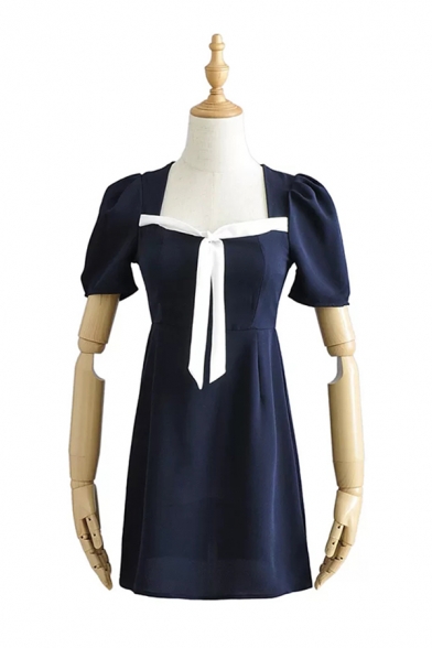 Trendy Womens Puff Sleeve Square Neck Bow Tied Contrasted Mini A-line Dress in Navy