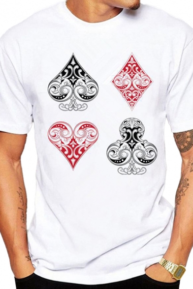 Unique Men's Poker Printed Round Neck Short Sleeve Regular Fit T-Shirt in White