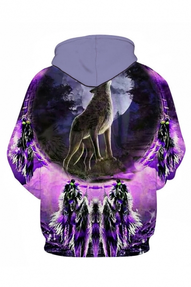 Unique Wolf 3D Pattern Drawstring Pocket Full Sleeve Relaxed Fit Hoodie for Men