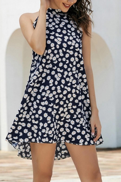 Boutique Womens Daisy Floral All over Pattern Sleeveless Mock Neck Short A-line Dress in Navy