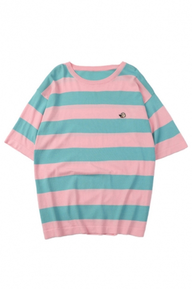 Cartoon Embroidery Stripe Printed Short Sleeve Round Neck Loose Fit Popular T Shirt for Women