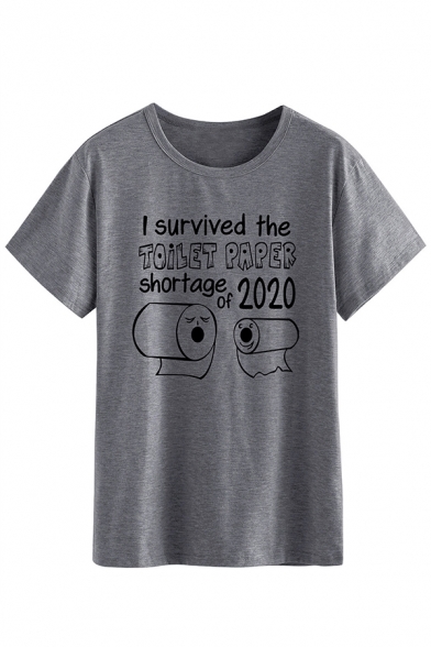 Casual Boys Letter I Survived The Toilet Paper Cartoon Graphic Short Sleeve Round Neck Loose T-shirt in Dark Gray