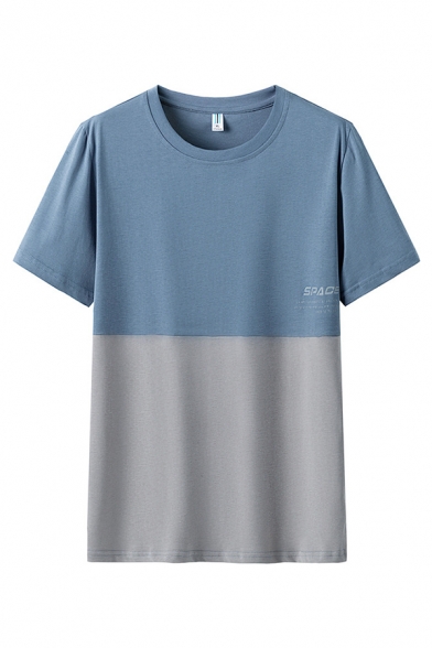 Blue Casual Letter Space Printed Colorblock Short Sleeve Crew Neck Loose T Shirt for Men
