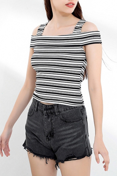 Chic Girls Stripe Print Short Sleeves Cold Shoulder Knitted Fit T Shirt in Black