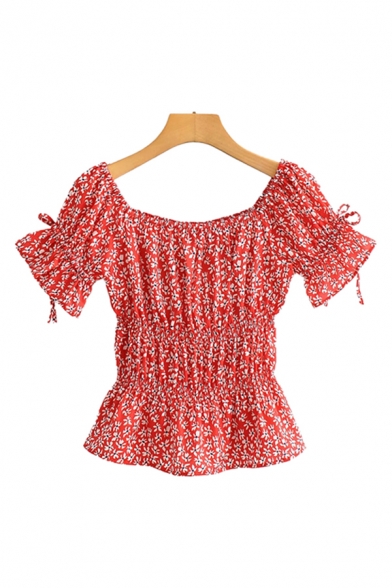Classic Ladies Ditsy Floral Printed Drawstring Short Sleeve Square Neck Ruffled Fitted T Shirt