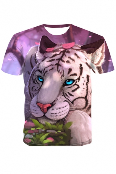 Cool Mens 3D Tiger Pattern Round Neck Short Sleeve Regular Fitted T-Shirt