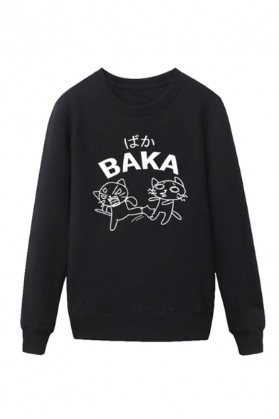 Cool Mens Cat Pattern Letter Baka Pullover Long Sleeve Round Neck Regular Fit Graphic Sweatshirt