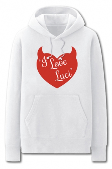 Cool Mens Heart Letter I Love Luci Printed Pocket Drawstring Long Sleeve Regular Fit Graphic Hooded Sweatshirt