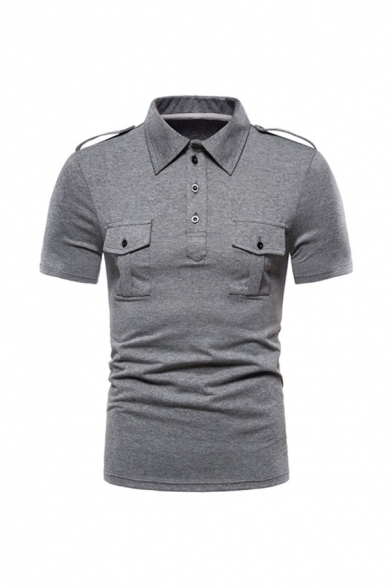 Cool Mens Solid Color Flap Pocket Button Short Sleeve Turn-down Collar Regular Fitted Polo Shirt
