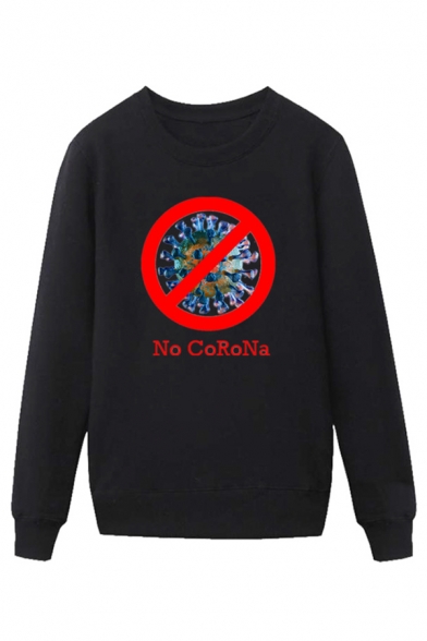 Cool Virus Letter No Corona Printed Pullover Long Sleeve Round Neck Regular Fitted Graphic Sweatshirt for Men