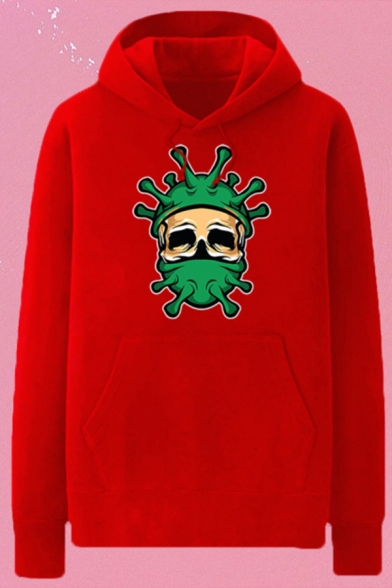 Cozy Mens Skull Virus Pattern Pocket Drawstring Long Sleeve Regular Fit Hooded Sweatshirt