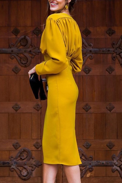 Elegant Womens Yellow Long Sleeve V-neck Mid Bodycon Work Dress for Special Occasion
