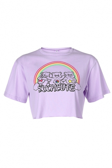 Fashionable Girls Letter Such Cute Cartoon Bear Rainbow Graphic Short Sleeve Crew Neck Loose Crop T-shirt in Purple