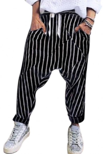 Mens Casual Striped Print Drawstring Waist Full Length Tapered Cotton and Linen Sarouel Trousers with Pockets