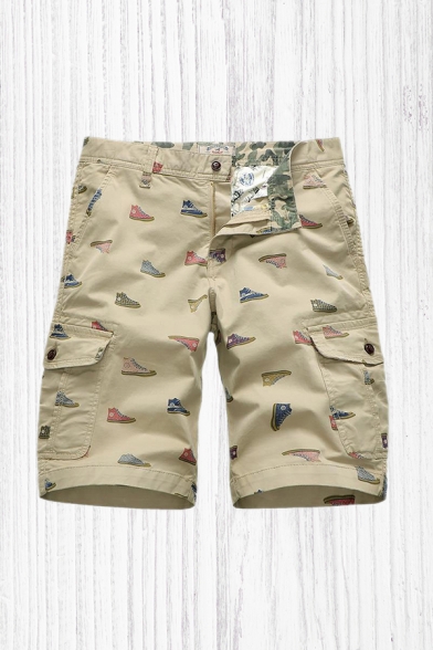 Mens Fancy Shorts Shoes Print Zip-fly Flap Pockets Button Detail Knee Length Straight Fit Chino Shorts