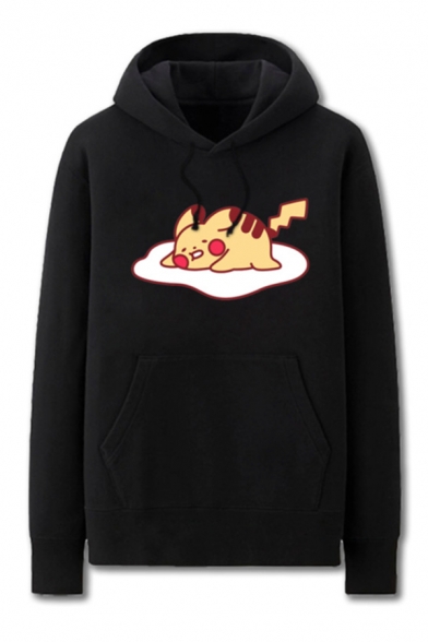 Mens Lovely Pikachu Pattern Cuffed Kangaroo Pocket Drawstring Long Sleeve Regular Fit Hooded Sweatshirt